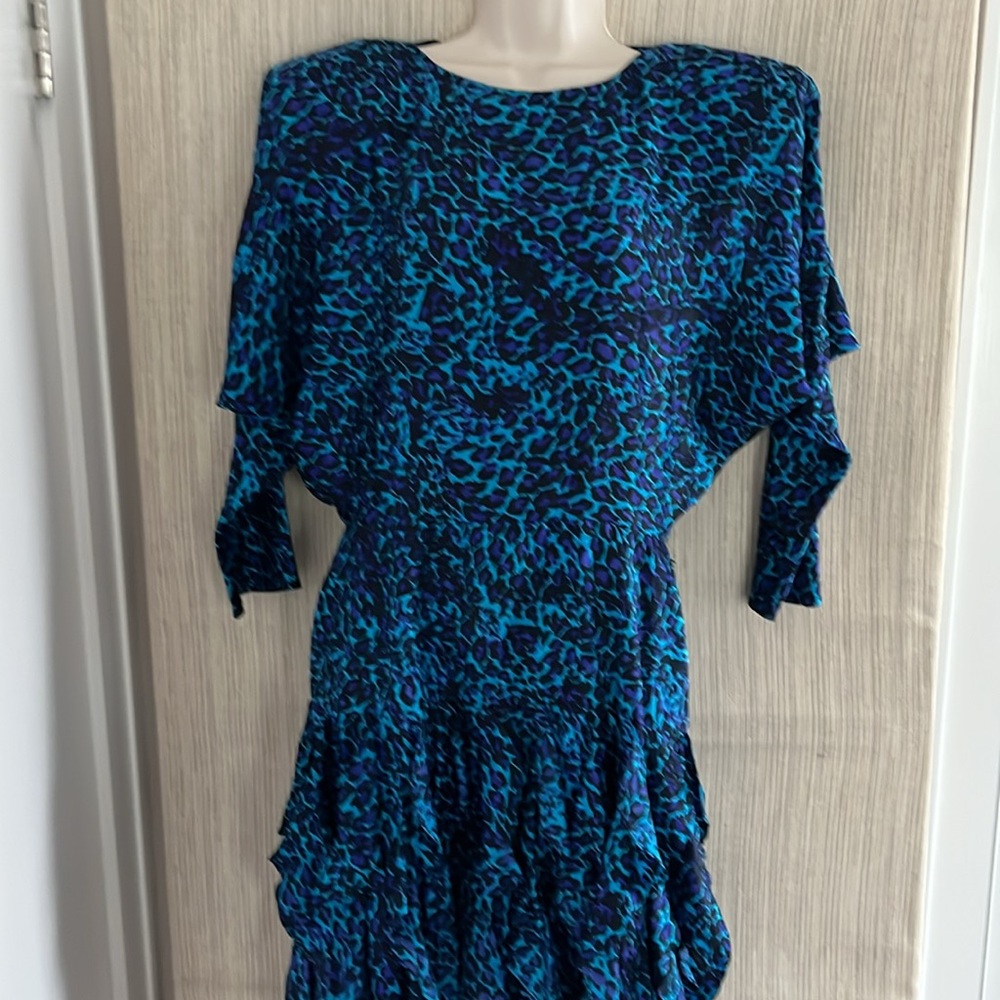 St. Gillia Animal Print Blue Aqua Black Silk Knee Length Flare Dress size 10